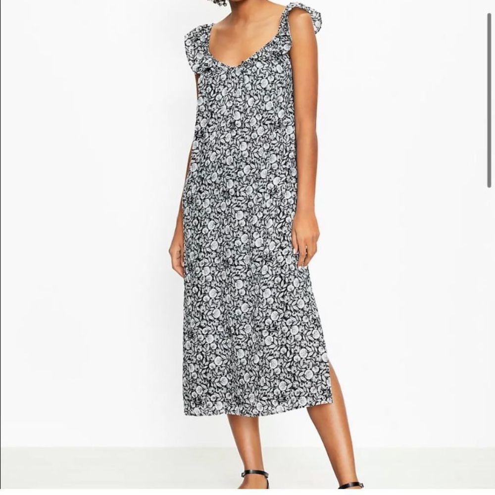 Loft Palm Flutter Pocket Midi Beach Vacation Dress Black & White S NWT
